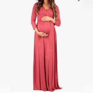 Maternity V-neck 3/4 Sleeve Ruched Waist Dress